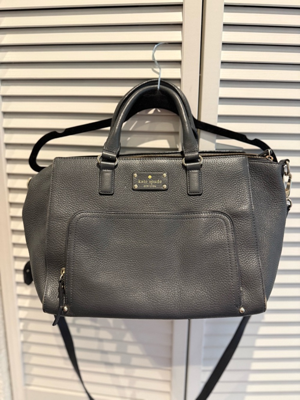 Kate Spade charcoal Leather Bag/Tote with Gold Plaque